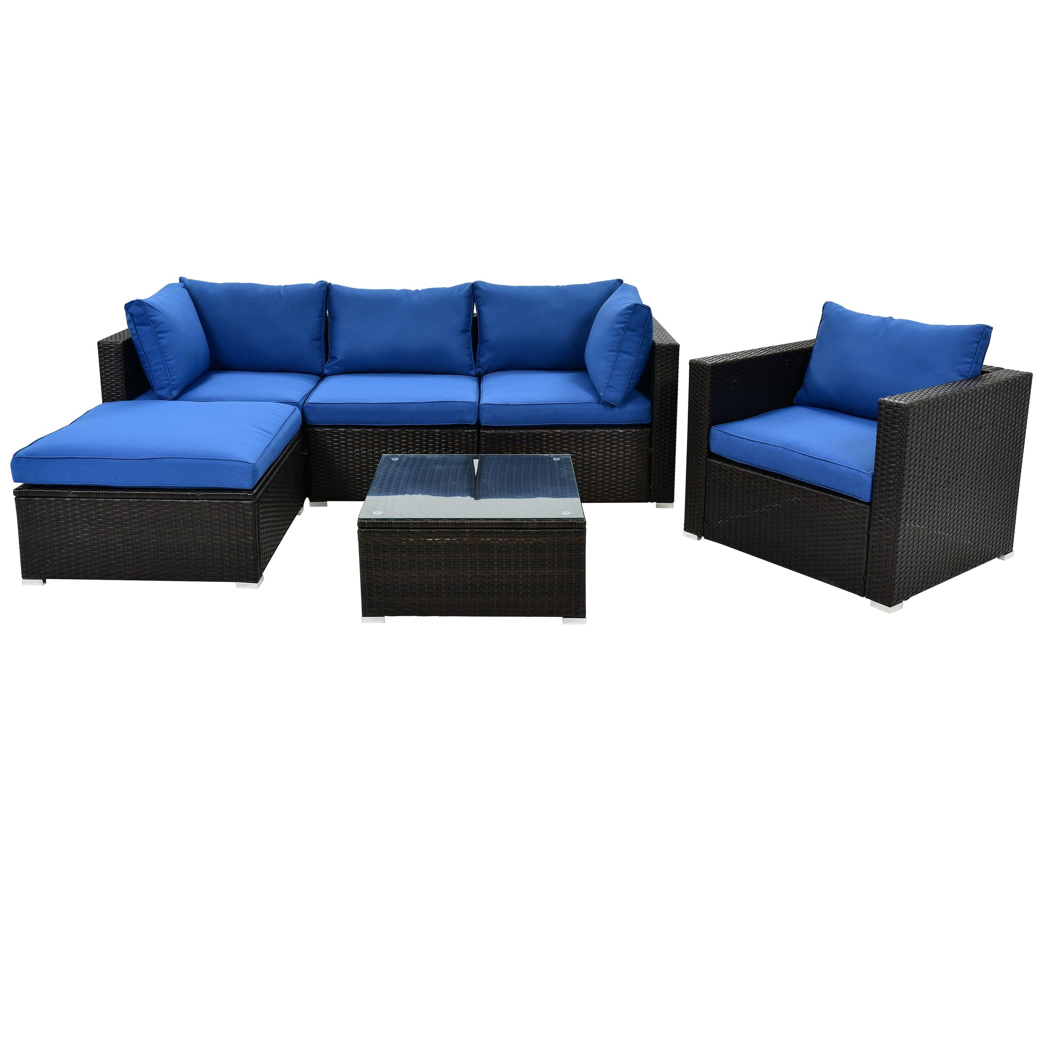 Boyel Living 6-Piece Outdoor Patio Sectional PE Wicker Rattan Sofa Set with Glass Table, Blue Cushion+ Brown Wicker