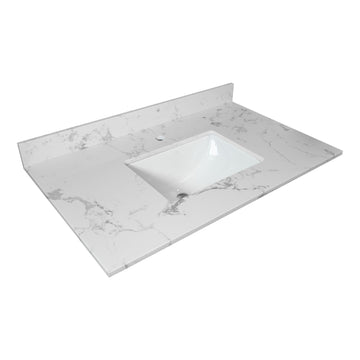 31 inch bathroom stone vanity top engineered white marble color with undermount ceramic sink and single faucet hole with backsplash