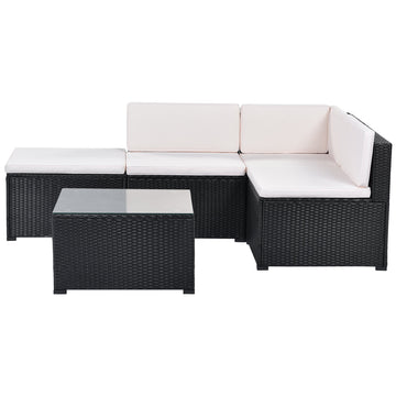 5-Piece Patio Rattan PE Wicker Furniture Corner Sofa Set(Black Wicker, Beige Cushion)