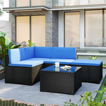 5-Piece Patio Rattan PE Wicker Furniture Corner Sofa Set(Black Wicker, Blue Cushion)