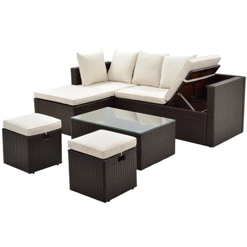 5-Piece Patio Furniture PE Rattan Wicker Lounger Sofa Set with Glass Table and Adjustable Chair (Brown wicker, Beige cushion)