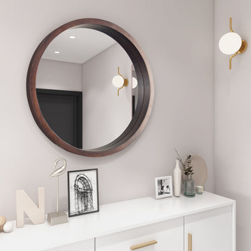 Circle Mirror with Wood Frame, Round Modern Decoration Large Mirror for Bathroom Living Room Bedroom Entryway, Walnut Brown, 24