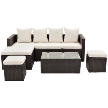 5-Piece Patio Furniture PE Rattan Wicker Lounger Sofa Set with Glass Table and Adjustable Chair (Brown wicker, Beige cushion)