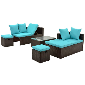 5-Piece Patio Furniture PE Rattan Wicker  Sofa Set with Glass Table and Adjustable Chair (Brown wicker, Blue cushion)