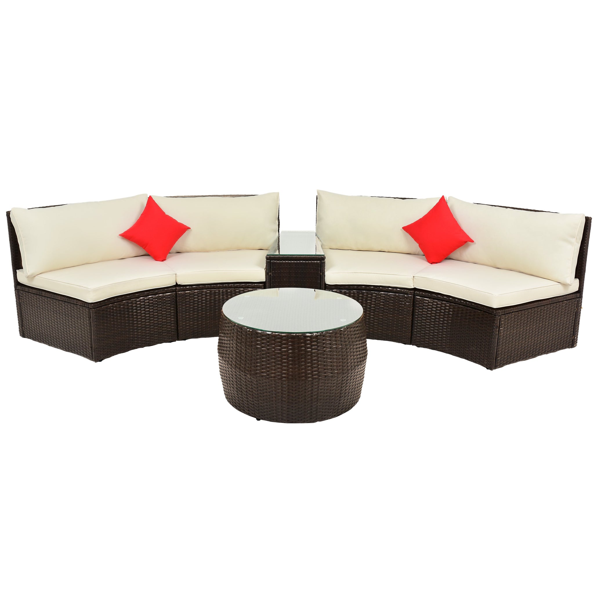 4-Piece Patio Furniture Sets, Outdoor Half-Moon Sectional Furniture Wicker Sofa Set with Two Pillows and Coffee Table
