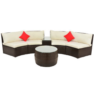 4-Piece Patio Furniture Sets, Outdoor Half-Moon Sectional Furniture Wicker Sofa Set with Two Pillows and Coffee Table, Beige Cushions+Brown Wicke