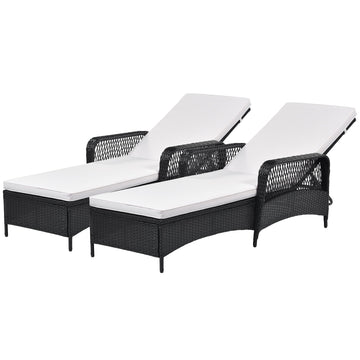 Outdoor patio pool PE rattan wicker chair wicker sun lounger, Adjustable backrest, beige cushion, Black wiker (2 sets)