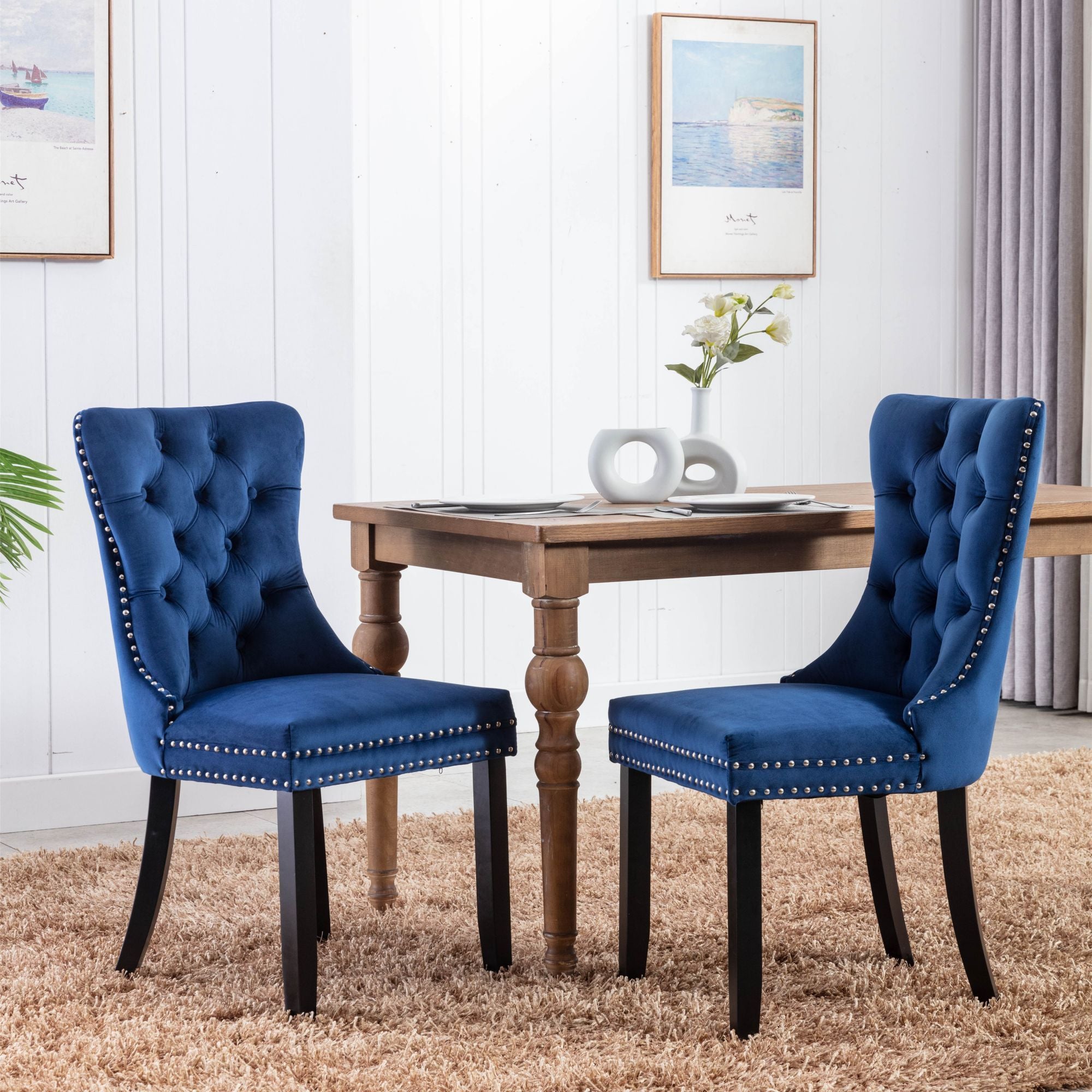 Contemporary Velvet Upholstered Dining Chair with High-end Tufted Solid Wood Legs Nail-head Trim 2-Pcs Set