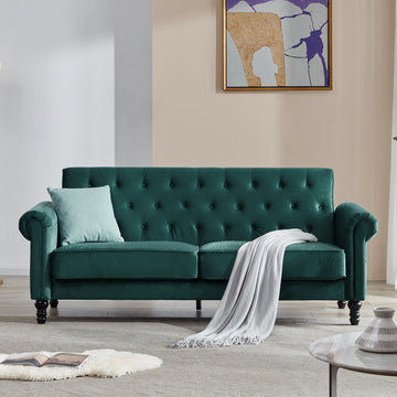 Classic Upholstered Velvet Fabric Tufted Sofa with Scroll Arms