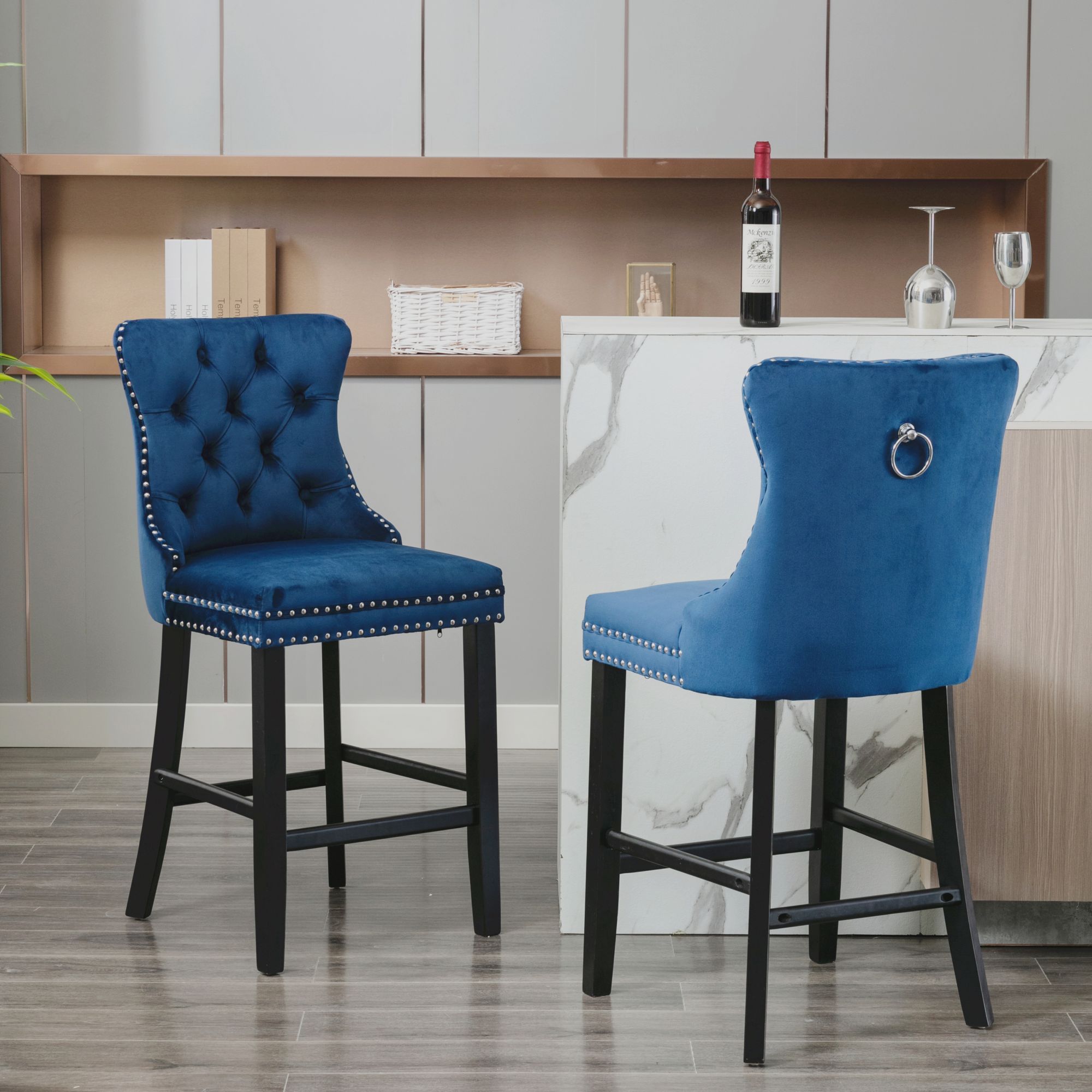 Contemporary Velvet Upholstered Bar-stools with Chrome Nail-head Trim,Set of 2