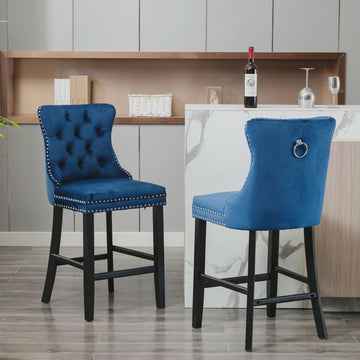 Contemporary Velvet Upholstered Bar-stools with Chrome Nail-head Trim,Set of 2