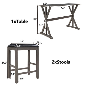 3-Piece Counter Height Wood Kitchen Dining Table Set with 2 Stools for Small Places