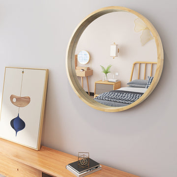 Circle Mirror with Wood Frame, Round Modern Decoration Large Mirror for Bathroom Living Room Bedroom Entryway, Walnut Natural, 30