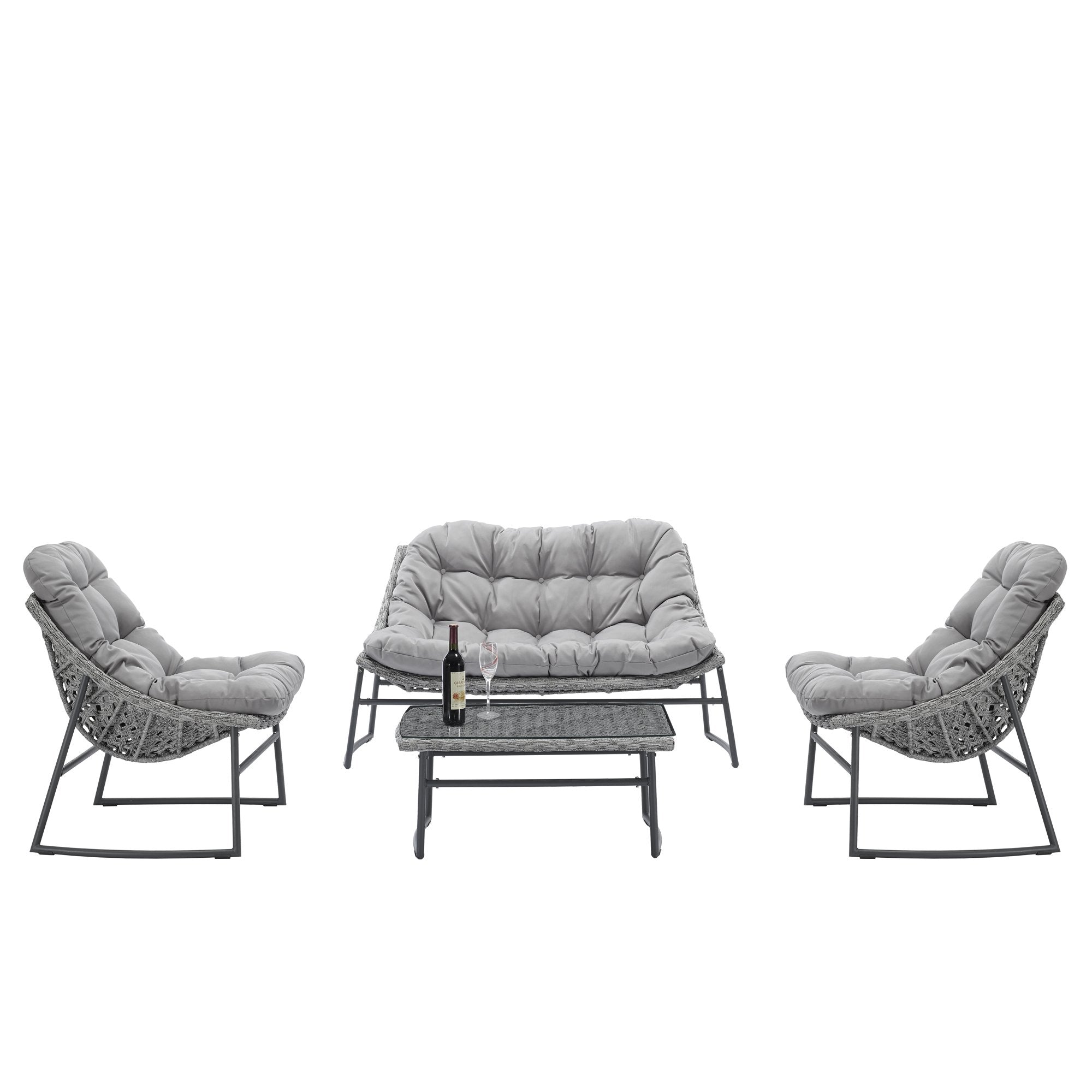 Classic Rattan Sofa Set Outdoor Patio Furniture 4 PCS(1 loveseat sofa + 2 single sofas + 1 table)