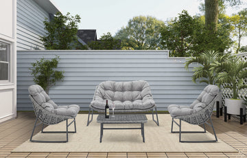 Classic Rattan Sofa Set Outdoor Patio Furniture 4 PCS(1 loveseat sofa + 2 single sofas + 1 table)