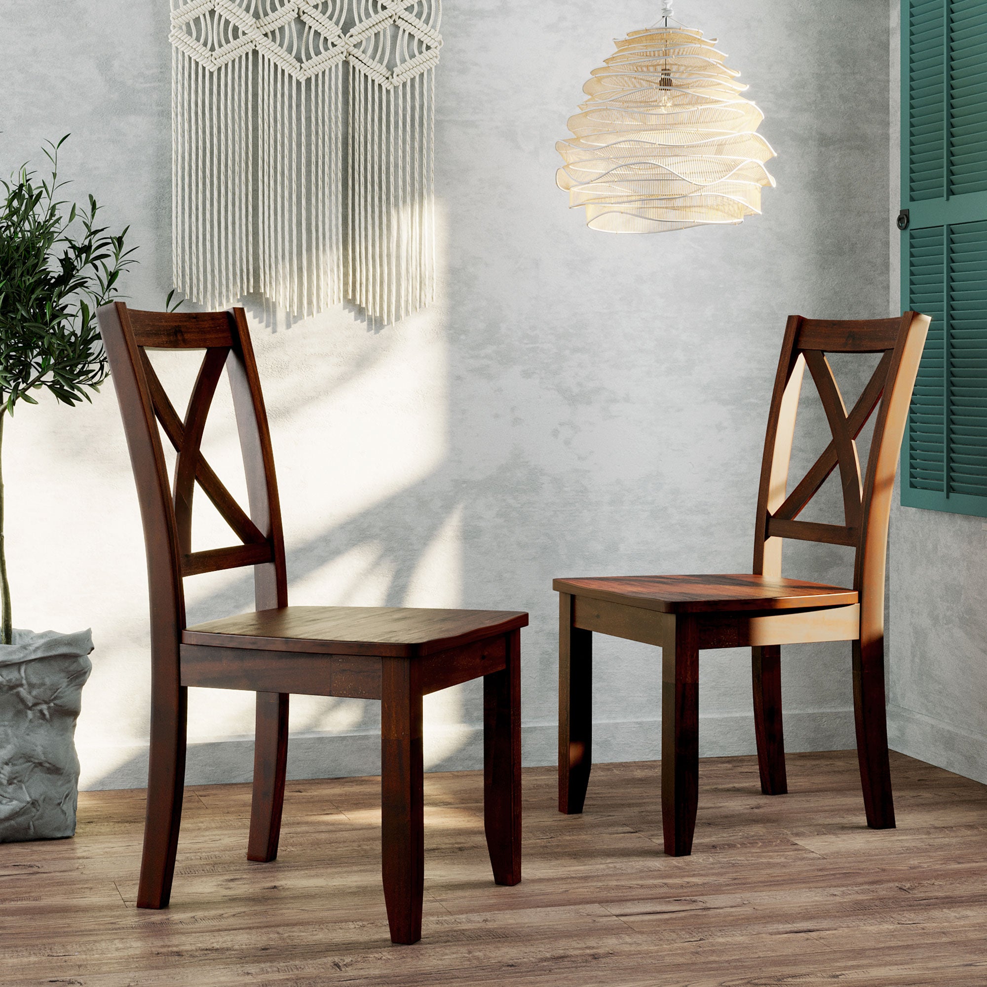2-Piece X-Back Wood Breakfast Nook Dining Chairs for Small Places, Brown
