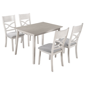 Farmhouse Rustic Wood 5-Piece Kitchen Dining Table Set with 4 Upholstered Padded Chairs, Light Grey+White