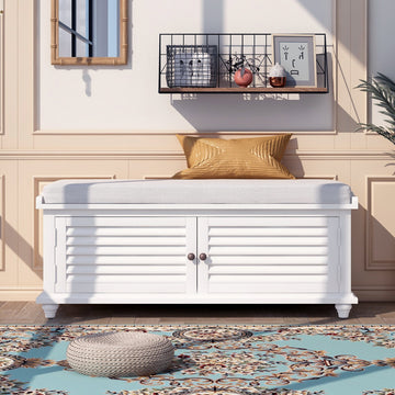 Storage Bench with Removable Cushion, Louver Design Wooden Shoe Bench