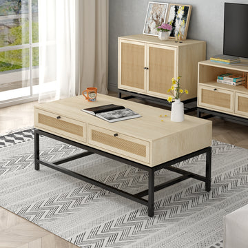 Clihome® | 2 Drawer Coffee Table with Rattan Bark Element