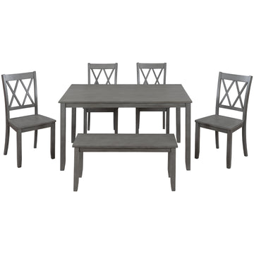 6-piece Wooden Kitchen Table set, Farmhouse Rustic Dining Table set with Cross Back 4 Chairs and Bench,Antique Graywash