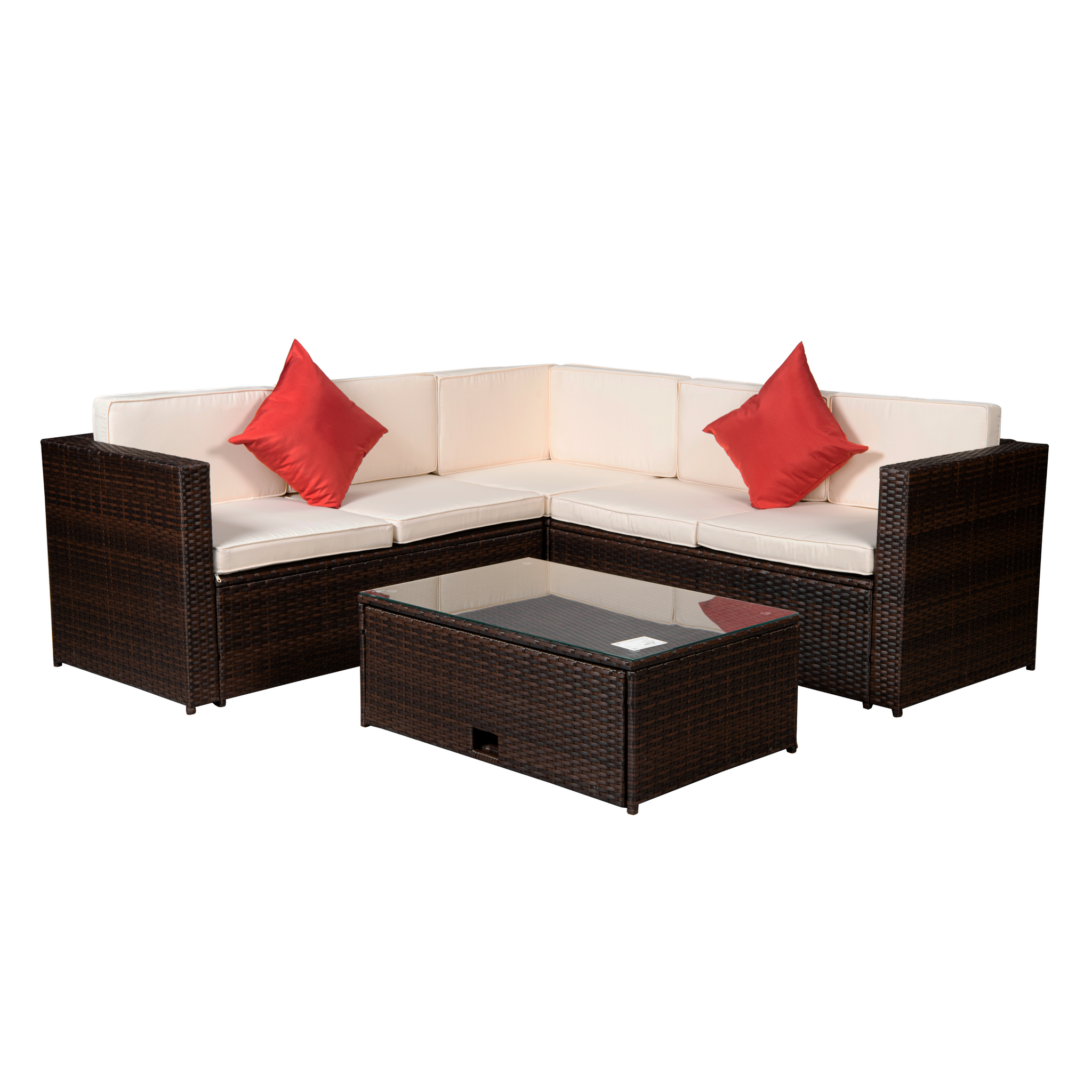 4-Piece Brown PE Rattan Wicker Sectional Cushioned Sofa Sets with 2 Pillows and Coffee Table