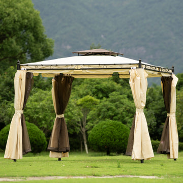 9.3ft.Wx8.5ft. H Outdoor Patio Gazebo with Mosquito nets and Polyester Curtains, Double Roofs for Decks, Poolsides, Gardens, Beige