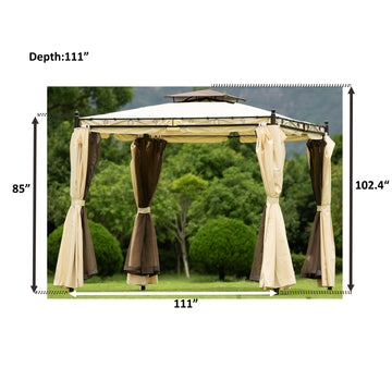 9.3ft.Wx8.5ft. H Outdoor Patio Gazebo with Mosquito nets and Polyester Curtains, Double Roofs for Decks, Poolsides, Gardens, Beige