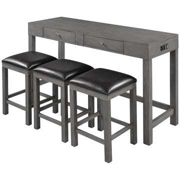 4-Piece Counter Height Table Set with Socket and Leather Padded Stools, Gray