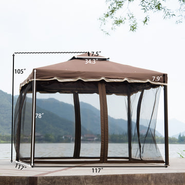 9.8Ft. Wx8.8Ft. H Outdoor Steel Vented Dome Top Patio Gazebo with Netting for Backyard, Poolside and Deck, Brown