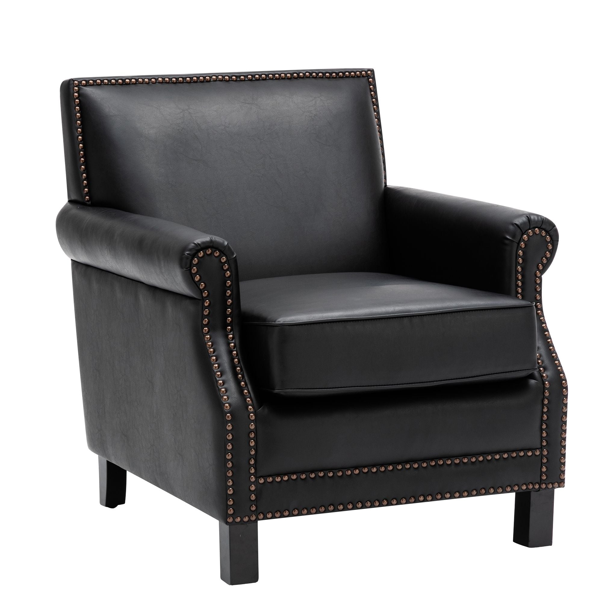 Living Traditional Upholstered PU Leather Club Chair with Nailhead Trim, Black