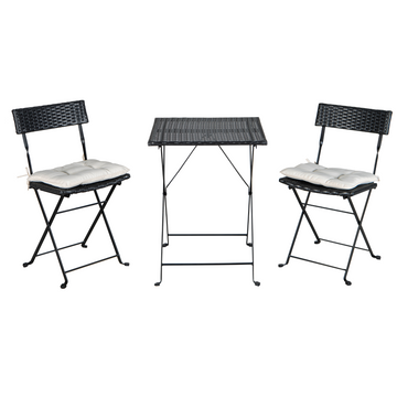 Black PE Wicker Folding Bistro Set (One Table With Two Chairs And Two Beige Cushion)