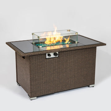Outdoor 44" Fire pit Table Rectangle 50,000 BTU with 8mm Tempered Glass Tabletop & Blue Stone& Steel table lid &Table waterproof dusty Cover