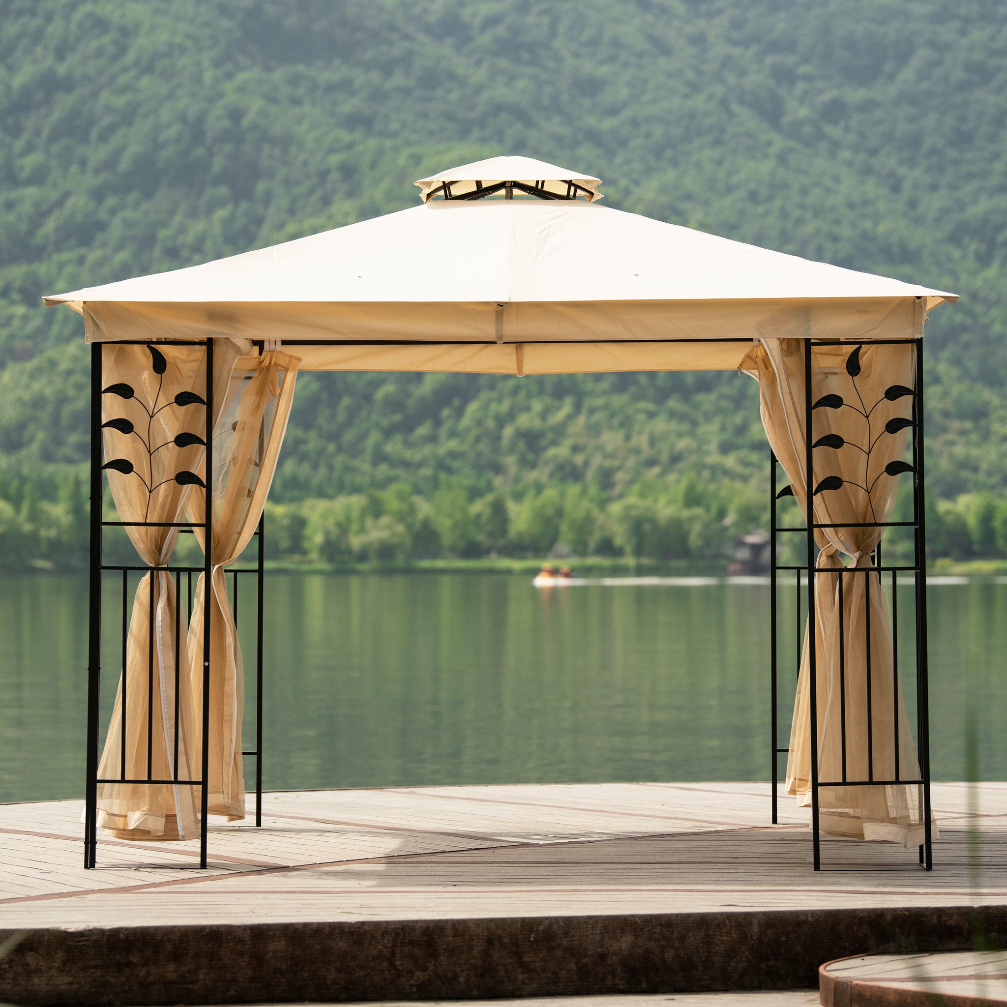 10Ft. Wx8Ft. H Outdoor Steel Vented Dome Top Patio Gazebo with Netting for Backyard, Poolside and Deck, Beige