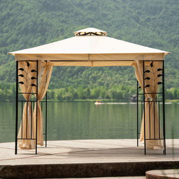 10Ft. Wx8Ft. H Outdoor Steel Vented Dome Top Patio Gazebo with Netting for Backyard, Poolside and Deck, Beige