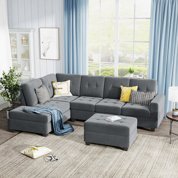 Sectional Sofa with Reversible Chaise Lounge, Storage Ottoman and Cup Holders