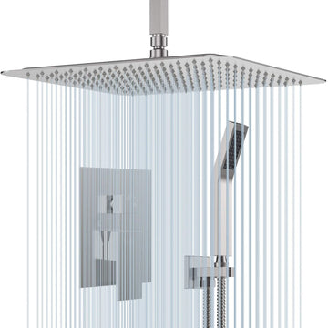 Ceiling Mounted Shower System Combo Set with 10/12/16 Inches Square Rain Shower Head, Handheld and Shower Faucet