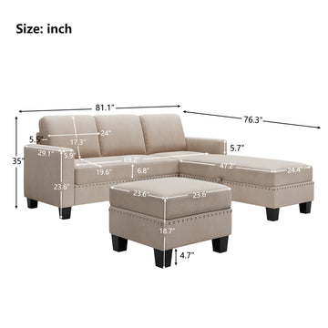81.1*76.3*35" Nailheaded Textured Fabric 3 pieces Sofa Set, L Sectional Sofa with Ottoman,Reversible Storage Chaise,Warm Grey