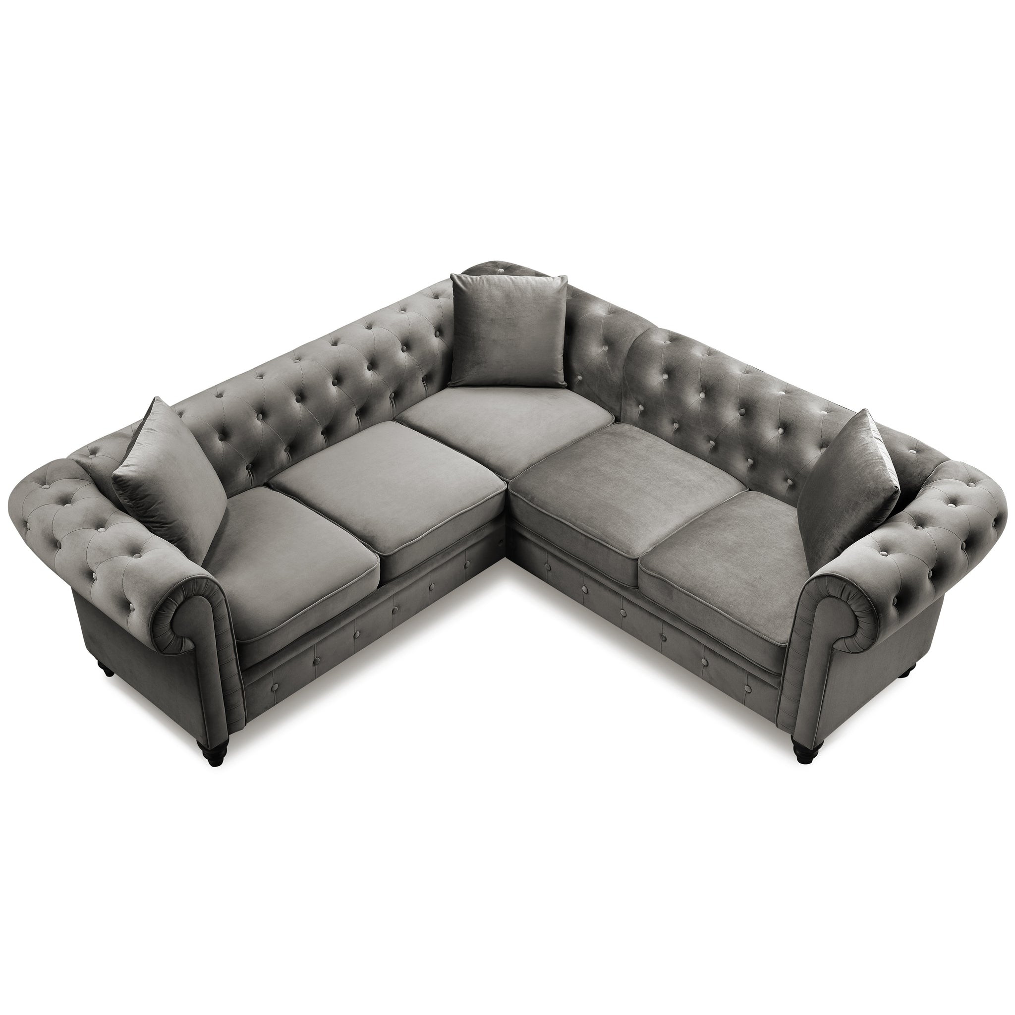 80*80*28" Deep Button Tufted Velvet Upholstered Rolled Arm Classic Chesterfield L Shaped Sectional Sofa 3 Pillows Included-Grey