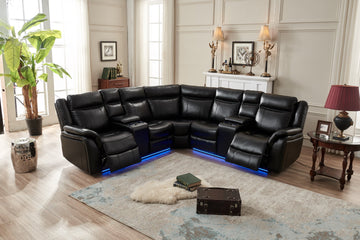Black Technical Leather Power reclining Sectional Sofa With LED Strip