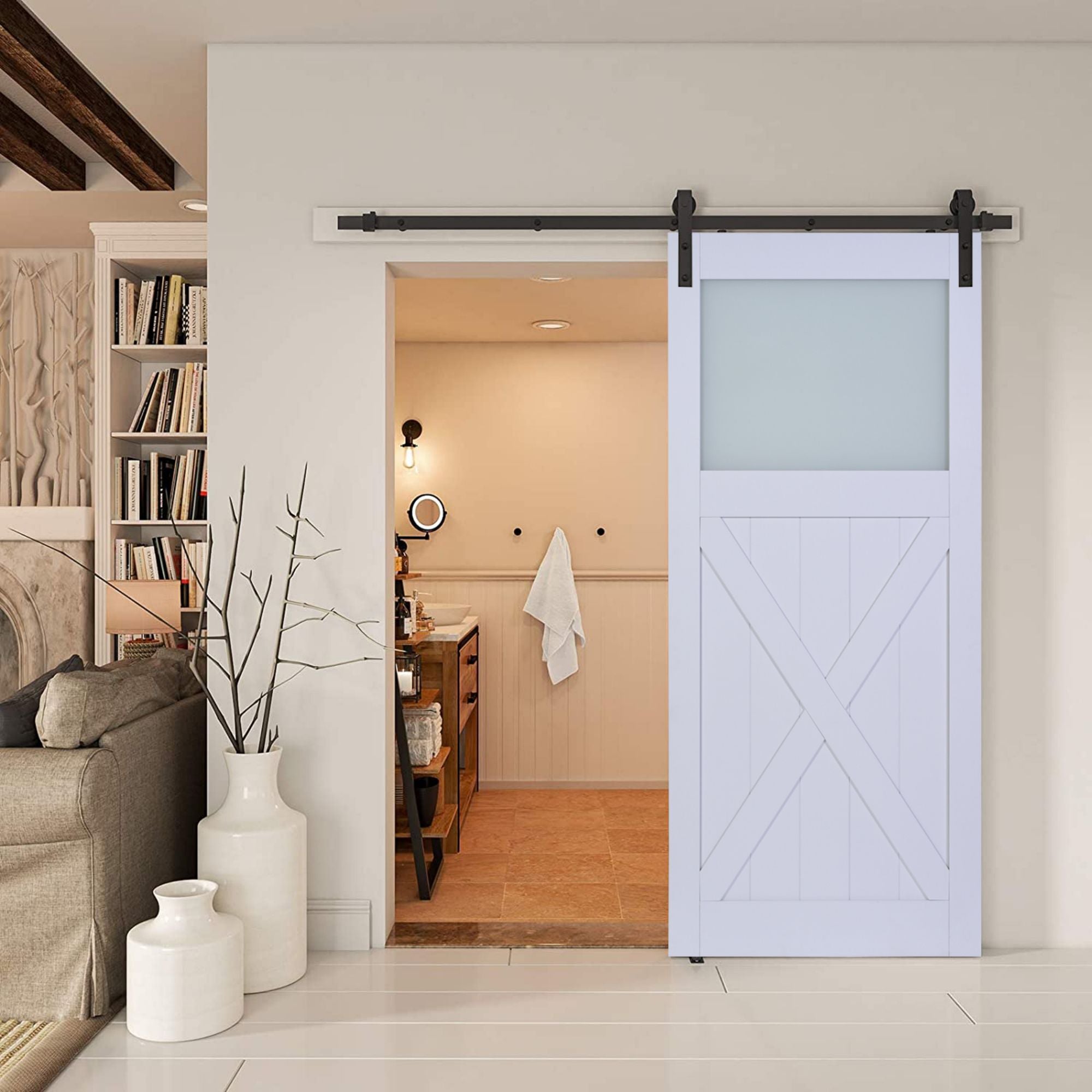 Paneled Manufactured Wood and Glass X Shape Barn Door with Installation Hardware Kit