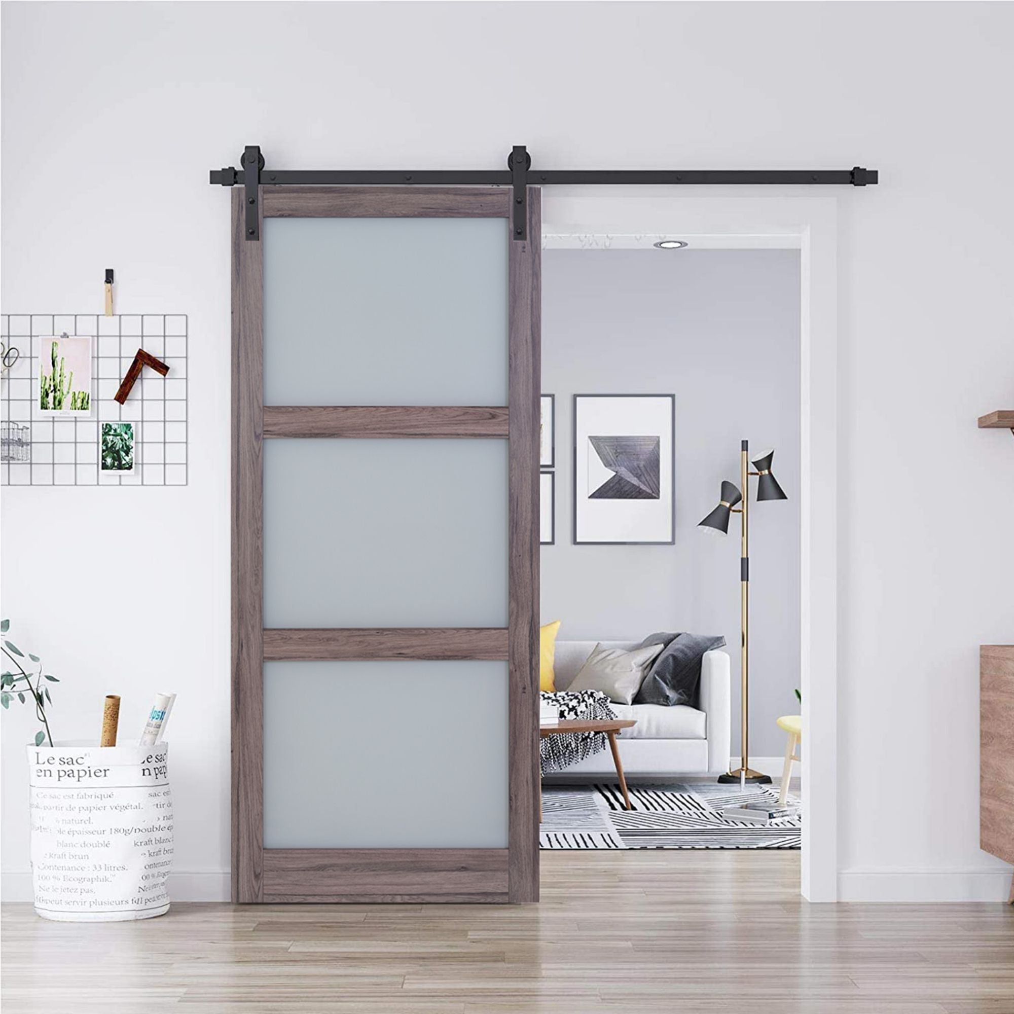 Sage Wood And Glass Barn Door with Installation Hardware Kit