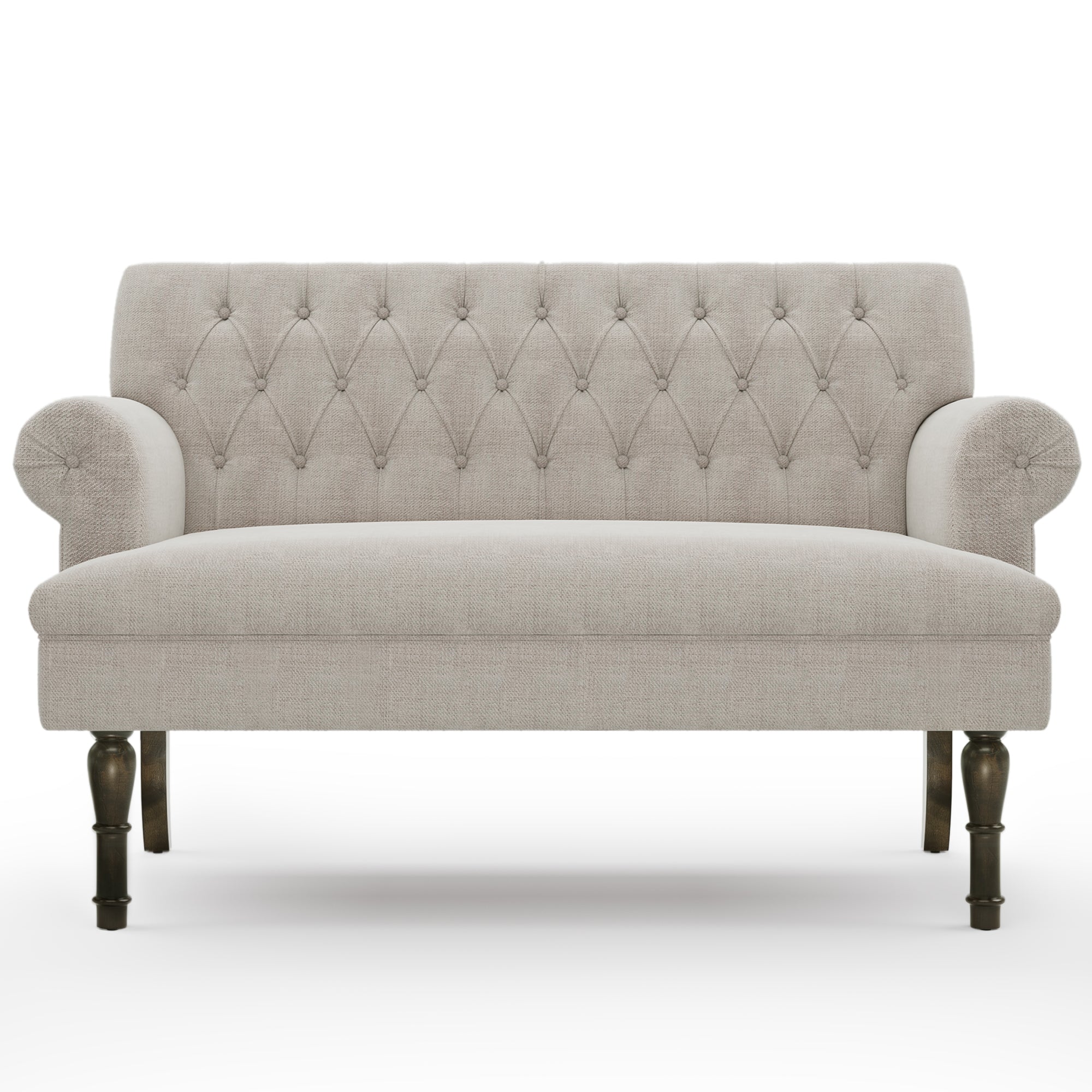 58" Linen Textured Fabric Chesterfield Settee Button Tufted Scrolled Arm Loveseat High Gourd Wood Leg Studio Bench (Pillows not included) Light Beige