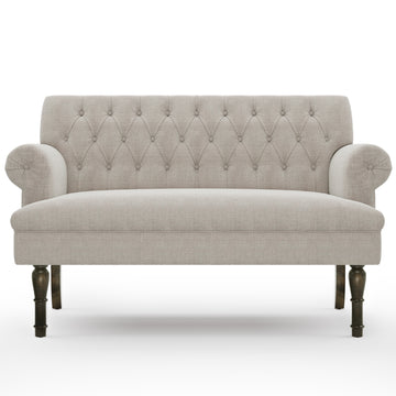 58" Linen Textured Fabric Chesterfield Settee Button Tufted Scrolled Arm Loveseat High Gourd Wood Leg Studio Bench (Pillows not included) Light Beige