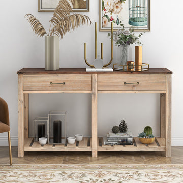 Classic Solid Console Table with 2 Drawers and Slatted Shelf, Entryway Table with Storage