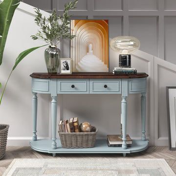 Retro Circular Curved Design Console Table with Open Style Shelf Solid Wooden Frame and Legs Two Top Drawers