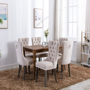 Contemporary Velvet Upholstered Dining Chair with Wood Legs Nail-head Trim  2-Pcs Set, Beige