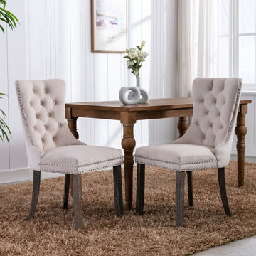 Contemporary Velvet Upholstered Dining Chair with Wood Legs Nail-head Trim  2-Pcs Set, Beige