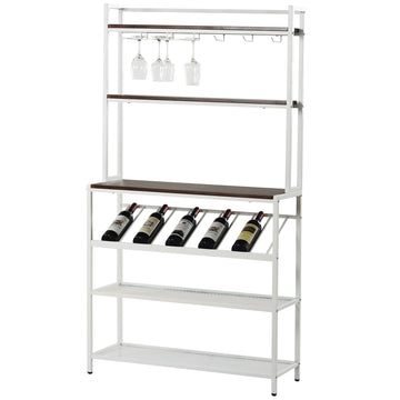 Industrial Modern 6-Tier Baker Rack, Freestanding Bar Wine Rack Table with Glass& Cup Holders, Kitchen Microwave Stand with Hutch, Metal Book Shelf and Office Rack