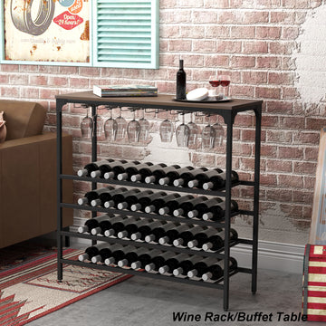 Rustic 40 Bottles Kitchen Dining Room Metal Floor Free Standing Wine Rack Table with Glass Holders,5-Tier Wine Bottle Organizer Display Shelves for Small Places