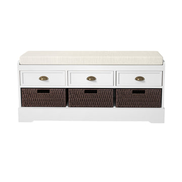 Storage Bench with 3 Drawers, 3 Rattan Baskets and Removable Cushion for Entryway, Hallway, Living Room,Bedroom